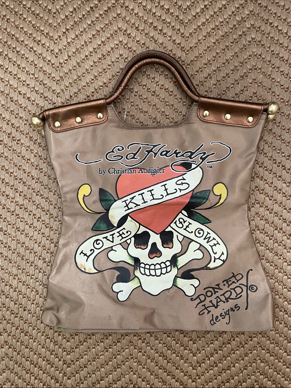 Ed Hardy Taupe Tote with Red Heart Skull Graphic and Bronze Handles